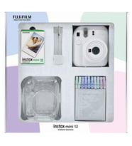 Instax mini 12 Beyaz Fotoğraf Makinesi 10'lu Film Simli Pleksi Kılıf Mandal ve Kıskaçlı Resim Standı Bundle Box