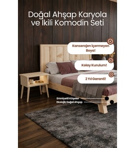 Hüma Model Dikey Başlıklı Masif Ahşap Karyola ve 2 Adet Komodin Kolay Kurulum Fırınlanmış İthal Sibirya Çamı 140x190 Yatak Uyumlu 2 Adet Komodin