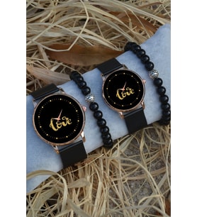 Siyah Rose Gold Hasır Çift Love Sarı Yazılı Saat Ve Bileklik Çift Sevgili Saatleri