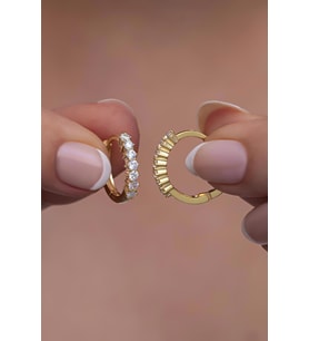 925 Ayar Gümüş Gold 15 Mm Zirkon Taşlı Halka Küpe