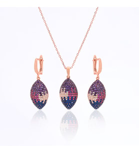 925 Ayar Gümüş Mix Taşlı Oval Kolye Küpe Set