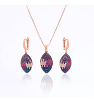 925 Ayar Gümüş Mix Taşlı Oval Kolye Küpe Set