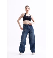 PASS&PASS 2430 Kadın Yandan Tokalı Baggy Jeans Kot Denim Pantolon (Koyu Mavi)