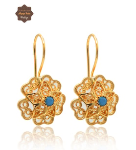 Firuze Taşlı Gül Model Gold Kaplama 925 Ayar Gümüş Telkari Kadın Küpe 201025491