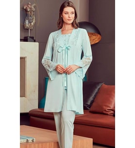 Bone Club 4906 Turkuaz Hamile Lohusa 3 Lü Dantel Kollu Pijama Sabahlık