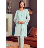 Bone Club 4906 Turkuaz Hamile Lohusa 3 Lü Dantel Kollu Pijama Sabahlık