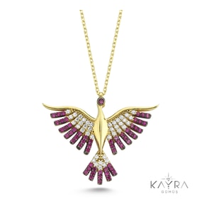 Fuşya Taşlı Anka Kuşu Altın Kaplama Kolye GM95