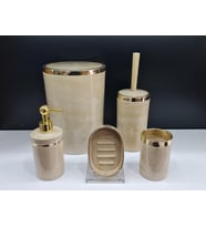 5 Parça Akrilik Yuvarlak Banyo Seti Krem Mermer Gold Kromaj 5'li