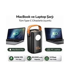 Cepini CP-06 60.000mAh PD 100w Hızlı Şarj Destekli Powerbank Dahili 4 Kablolu ve LED Aydınlatmalı Si