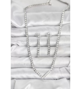 Gümüş Renk Zirkon Taşlı Kadın Kolye Küpe Seti - TJ-BKO10638