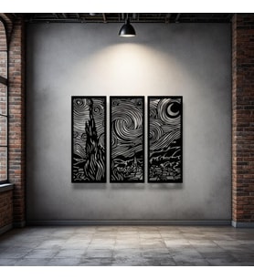 Yıldızlı Gece 3 Parça Metal Duvar Dekoru – Van Gogh Modern Sanat Tasarımı (Siyah)