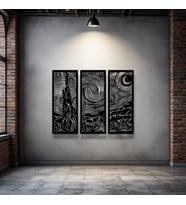 Yıldızlı Gece 3 Parça Metal Duvar Dekoru – Van Gogh Modern Sanat Tasarımı (Siyah)