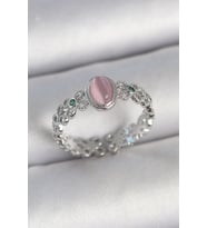 Pirinç Gümüş Renk Zirkon Taş Detaylı Pembe Mineli Damla Model Ayarlanabilir Kadın Yüzük