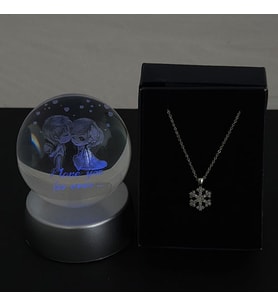 Kar Kolye Özel Kutuda & Sevgili  Model Cam Küre Işıklı Standlı Set Hediye