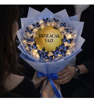 ROMANTİK LED IŞIKLI AYNALI MAVİ KELEBEK  BUKETİ (Mavi-Gold)