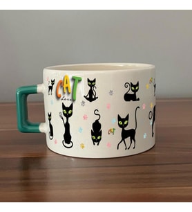 Cat Love Baskılı Yeşil Kulplu C Fincan