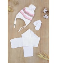 Kız Bebek Ponponlu Atkı & Bere & Eldiven Takımı 0-4 Yaş STL6837 (Beyaz)