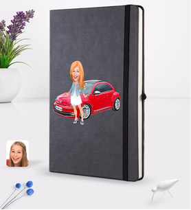 BK Gift Kişiye Özel Plakalı Kadın Volkswagen Beetle Karikatürlü Siyah Termo Deri Defter 16x24cm Model 1