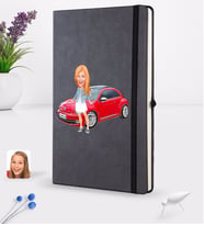 BK Gift Kişiye Özel Plakalı Kadın Volkswagen Beetle Karikatürlü Siyah Termo Deri Defter 16x24cm Model 1
