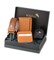 Polo Air Dama Desenli Kutulu Erkek Cüzdan Kemer Kartlık Parfüm Seti PM-13 (Taba)