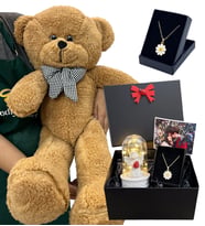Fotoğraflı Premium Set - Büyük Boy Peluş Ayıcık, Işıklı Beyaz Melekli Fanus ve Tasarım Kolye (Kahverengi)