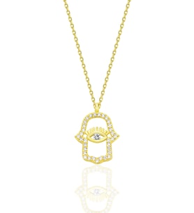 Gümüş altın yaldızlı zirkon taşlı koruyucu hamsa el kolye SGTL12670GOLD
