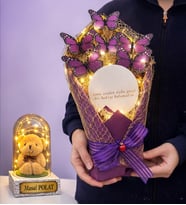 Led Işıklı Aynalı Mor Kelebek Buketi (Kişiye Özel Led Işıklı Fanus Hediyeli) (Model 4)