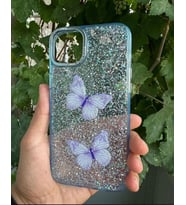 Apple iPhone 15 Plus Uyumlu Taşlı Simli Kelebekli Kılıf (Mavi)