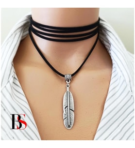 Siyah Süet - Tüy Kolye Ucu Kadın Choker Kolye