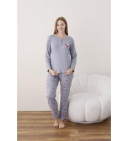 Lindros Kadın Pamuk'lu Düğme Yaka Raporlu İnterlok KIŞLIK Pijama Takımı 05020 - 1 Adet (Lila)
