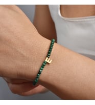14K Altın Kaplama Doğal Malakit Taşlı Harf Detaylı Gümüş Bileklik - BGS00116