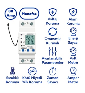 Tomzn Hiking Sıcaklık Korumalı Voltaj ve Akım Koruma Rölesi 80A Dahili Kontaktör Elektrik Bekçisi