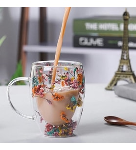 350ml Çiçekli Cam Isıya Dayanıklı Çift Katmanlı Borosilikat Ofis Kupa Kahve Fincanı