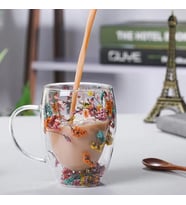 350ml Çiçekli Cam Isıya Dayanıklı Çift Katmanlı Borosilikat Ofis Kupa Kahve Fincanı
