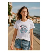 Kadın Bisiklet Yaka %100 Pamuk Ayvalık Baskılı Kısa Kollu T-Shirt