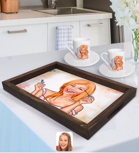 BK Gift Kişiye Özel Kadın Karikatürlü Doğal Ahşap Tepsi ve 2’li Kahve Fincan Seti-21