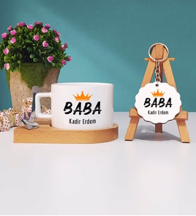 Baba Ahşap Altlıklı Fincan ve Anahtarlık Hediye Seti