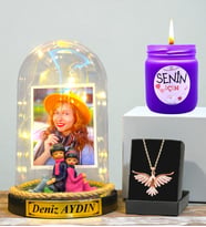 Premium Hediye Seti Size Özel Led Işıklı Fanus, Kokulu Mum ve Ametist Taşlı Anka Kuşu Kolye (Model 7)