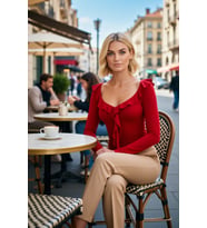 Kadın Bluz Vücuda Oturan V Yaka Uzun Kol Fırfırlı Örme Ribana Düz Desen Yarım Pat Düğmeli