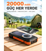 20000 mAh Powerbank Güneş Enerjili Kablosuz Şarj Hızlı Şarj Taşınabilir Batarya