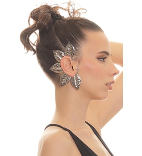 Kadın Gümüş Renk Lak Kaplama Zirkon Taşlı Dokulu Yaprak Stilizesi Sağ Kulak Earcuff&Kıkırdak Küpe