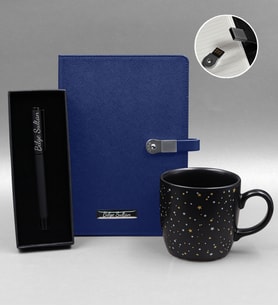 Kişiye Özel 16 Gb Usb Mavi Defter & Yıldızlı Siyah Mat Kupa & Siyah Mat Roller Kalem Hediye Seti