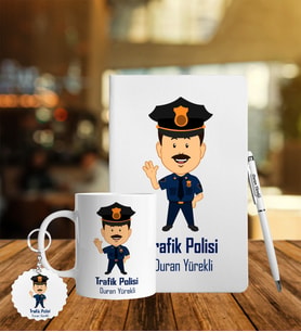 Kişiye Özel Trafik Polisi Tasarımlı Defter Kalem Kupa & Süblimasyon Anahtarlık Hediye Seti