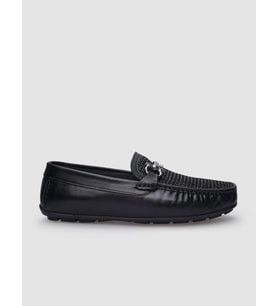 %100 Hakiki Deri Siyah Örgü Detaylı Erkek Loafer