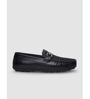 %100 Hakiki Deri Siyah Örgü Detaylı Erkek Loafer