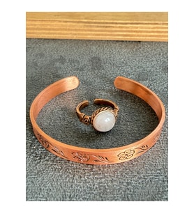 El İşi Bakır Bileklik Ve Doğal Taşlı Yüzük Kombini, Ayarlanabilir Ölçü