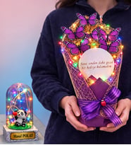 Renkli Led Işıklı Aynalı Mor Kelebek Buketi (Kişiye Özel Renkli Işıklı Fanus Hediyeli) (Model 5)