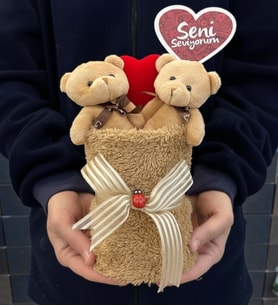 Seni Seviyorum Premium 2'li Peluş Kahve Ayıcık Buketi Peluş Saksıda