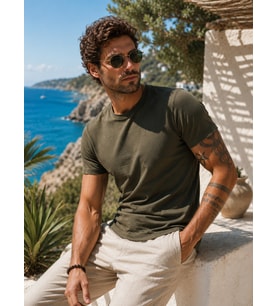 T8569 DEWBERRY BİSİKLET YAKA ERKEK T-SHIRT-DÜZ HAKİ