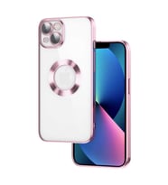 Uyumlu Model Apple iPhone 13 Kılıf Kamera Korumalı Logo Gösteren Şeffaf Kapak (Rose)